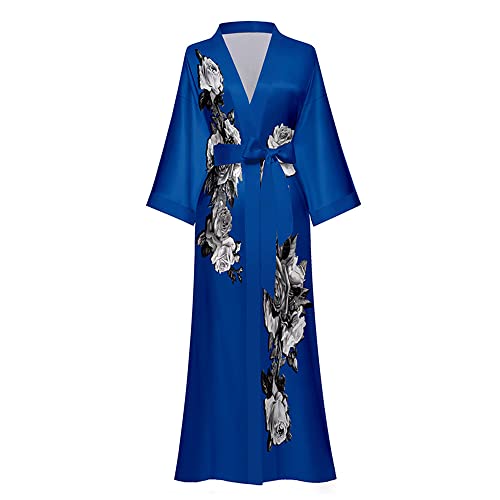 TOKYMOON Morgenmantel Damen Satin Maxi Lang Seide Kimono Morgenmantel Kleid Blumen Muster Kimono Leichter Bademantel Damen Sommer Lange Robe Schlafmantel Girl Pajama Party Blau von TOKYMOON