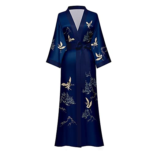 TOKYMOON Morgenmantel Damen Satin Maxi Lang Seide Kimono Morgenmantel Kleid Blumen Muster Kimono Leichter Bademantel Damen Sommer Lange Robe Schlafmantel Girl Pajama Party Dunkelblau von TOKYMOON