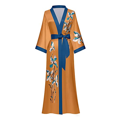 Morgenmantel Damen Satin Maxi Lang Seide Kimono Morgenmantel Kleid Blumen Muster Kimono Leichter Bademantel Damen Sommer Lange Robe Schlafmantel Girl Pajama Party Dunkelgelb von TOKYMOON