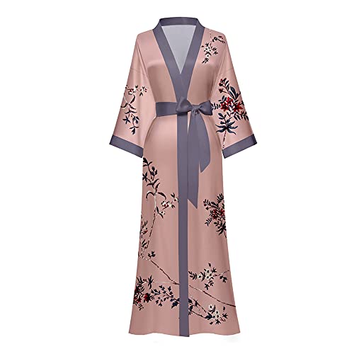 TOKYMOON Morgenmantel Damen Satin Maxi Lang Seide Kimono Morgenmantel Kleid Blumen Muster Kimono Leichter Bademantel Damen Sommer Lange Robe Schlafmantel Girl Pajama Party Dunkelrosa von TOKYMOON