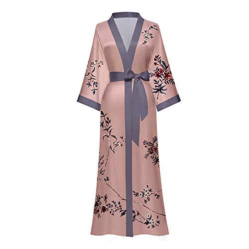 Morgenmantel Damen Satin Maxi Lang Seide Kimono Morgenmantel Kleid Blumen Muster Kimono Leichter Bademantel Damen Sommer Lange Robe Schlafmantel Girl Pajama Party Dunkelrosa von TOKYMOON