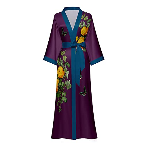 TOKYMOON Morgenmantel Damen Satin Maxi Lang Seide Kimono Morgenmantel Kleid Blumen Muster Kimono Leichter Bademantel Damen Sommer Lange Robe Schlafmantel Girl Pajama Party Dunkelviolett von TOKYMOON