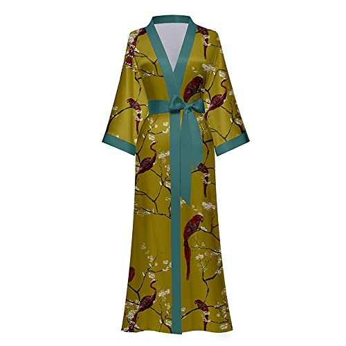 TOKYMOON Morgenmantel Damen Satin Maxi Lang Seide Kimono Morgenmantel Kleid Blumen Muster Kimono Leichter Bademantel Damen Sommer Lange Robe Schlafmantel Girl Pajama Party Gelb von TOKYMOON