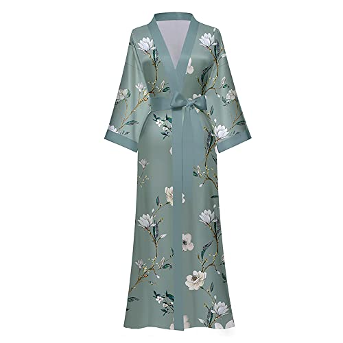 TOKYMOON Morgenmantel Damen Satin Maxi Lang Seide Kimono Morgenmantel Kleid Blumen Muster Kimono Leichter Bademantel Damen Sommer Lange Robe Schlafmantel Girl Pajama Party Grüne Blätter von TOKYMOON