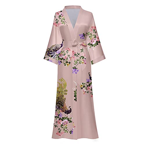 TOKYMOON Morgenmantel Damen Satin Maxi Lang Seide Kimono Morgenmantel Kleid Blumen Muster Kimono Leichter Bademantel Damen Sommer Lange Robe Schlafmantel Girl Pajama Party Rosa von TOKYMOON