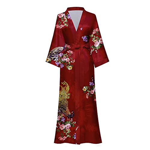 TOKYMOON Morgenmantel Damen Satin Maxi Lang Seide Kimono Morgenmantel Kleid Blumen Muster Kimono Leichter Bademantel Damen Sommer Lange Robe Schlafmantel Girl Pajama Party Rot von TOKYMOON