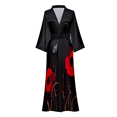 TOKYMOON Morgenmantel Damen Satin Maxi Lang Seide Kimono Morgenmantel Kleid Blumen Muster Kimono Leichter Bademantel Damen Sommer Lange Robe Schlafmantel Girl Pajama Party Schwarze Blumen von TOKYMOON