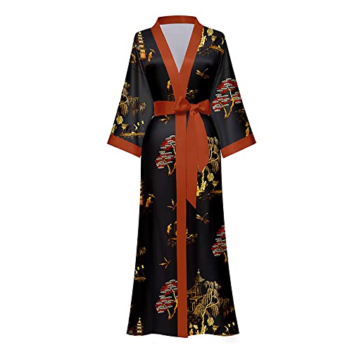 TOKYMOON Morgenmantel Damen Satin Maxi Lang Seide Kimono Morgenmantel Kleid Blumen Muster Kimono Leichter Bademantel Damen Sommer Lange Robe Schlafmantel Girl Pajama Party Weide von TOKYMOON