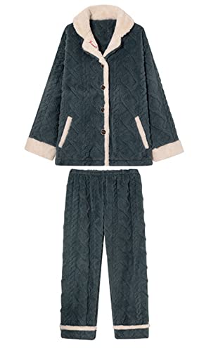 TOKYMOON Schlafanzug Damen Flanell Fleece Zweiteiliger Pyjama Damen Hausanzug Freizeitanzug Kuschelige und Warmes Loungewear Damen Frauen Nachtwasche für Herbst Winter Sleepwear Dunkelgrün M von TOKYMOON