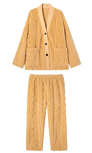 TOKYMOON Schlafanzug Damen Flanell Fleece Zweiteiliger Pyjama Damen Hausanzug Freizeitanzug Kuschelige und Warmes Loungewear Damen Frauen Nachtwasche für Herbst Winter Sleepwear Gelb1 XXL von TOKYMOON