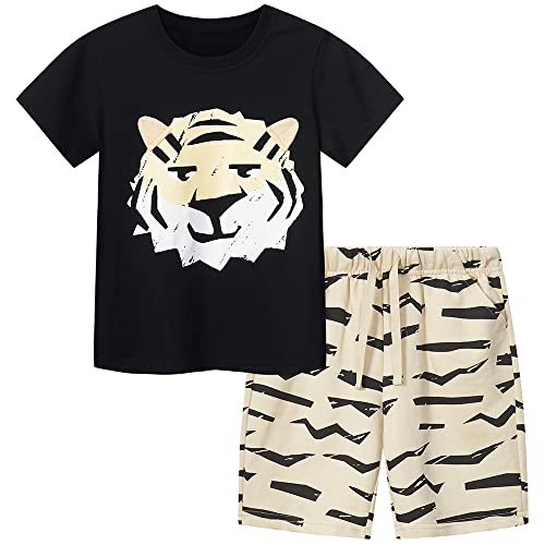 TOKYMOON Schlafanzug Jungen Kurz Kinder Sommer Zweiteiliger Baumwolle Dinosaurier Kinder Pyjama Set Nachtwäsche Schlafanzug Kinder Kurzarm Set Jungen Kurze Hose T Shirt Kinder Tiger 130 von TOKYMOON