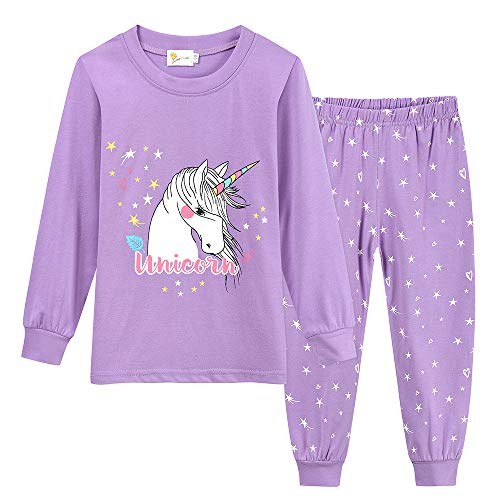 TOKYMOON Schlafanzug Mädchen Lang Einhorn Kinder Zweiteiliger Schlafanzug Baumwolle Langarm Set Pyjama Kinder Schlafanzüge Winter Weihnachten Nachtwäsche T-Shirt und Hose 104 lila von TOKYMOON