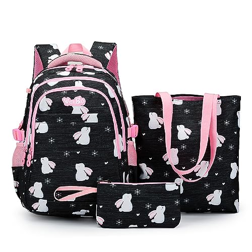 TOKYMOON Schulrucksack Mädchen Teenager Schulranzen Set Mädchen 3 Teilig mit Lunchpaket Tasche und Federmäppchen Blumen Rucksack Atmungsaktives Schultasche Kinder Rucksack Schwarz 3 Stk von TOKYMOON