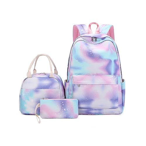 TOKYMOON Schulrucksack Set 3 Teilig Schulrucksack Mädchen Teenager mit Lunchtasche Federmäppchen Kinder Schulranzen Set Mädchen Blumen Rucksack Atmungsaktives Schultasche ab 3. Klasse Blau + Lila von TOKYMOON