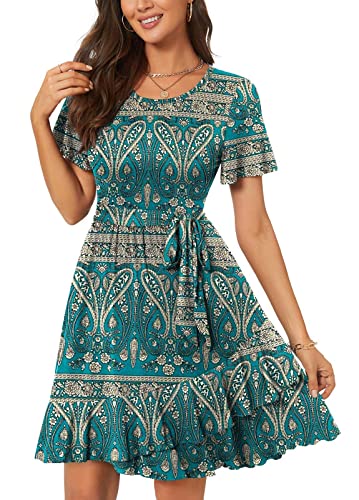 TOKYMOON Sommerkleider Damen Kurzarm Lässig Rundhals Cocktailkleid Damen Midilang Sexy Kleid Damen Elegant Strandkleid Boho Festlich Kleider Blumen Drucken Kleid Pfauenblau S von TOKYMOON