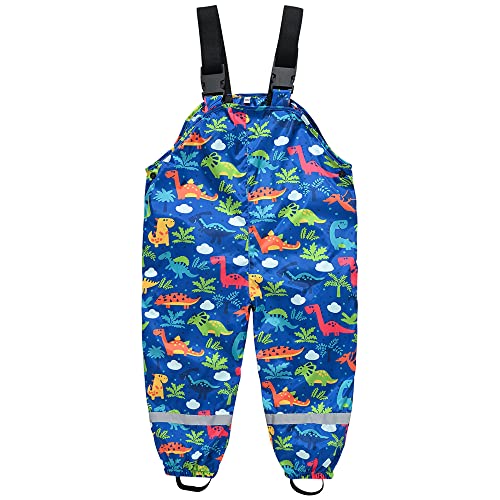 TOKYMOON Unisex Kinder Regenhose Kinder Regenlatzhose wasserdichte Winddicht für Jungen und Mädchen Matschhose Atmungsaktive Regenträgerhose Buddelhose Rain Pants Dunkelblauer Dinosaurier 100 von TOKYMOON