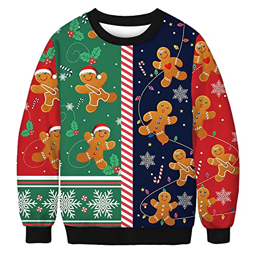 Unisex Ugly Christmas Sweater Weihnachtspullover Herren Lustige 3D Weihnachtskatze Langarm Sweatshirt Damen Xmas hässliches Weihnachten Pullover Rundhals Weihnachtspulli Lebkuchenmann L von TOKYMOON