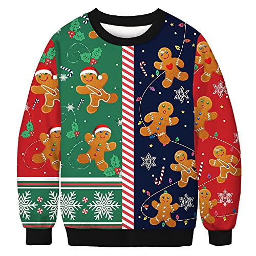 TOKYMOON Unisex Ugly Christmas Sweater Weihnachtspullover Herren Lustige 3D Weihnachtskatze Langarm Sweatshirt Damen Xmas hässliches Weihnachten Pullover Rundhals Weihnachtspulli Lebkuchenmann XL von TOKYMOON