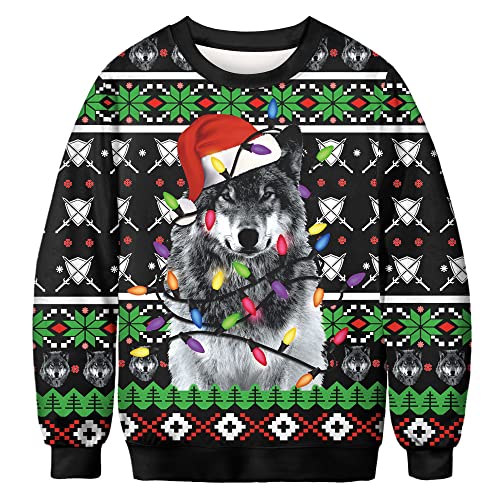 TOKYMOON Unisex Ugly Christmas Sweater Weihnachtspullover Herren Lustige 3D Weihnachtskatze Langarm Sweatshirt Damen Xmas hässliches Weihnachten Pullover Rundhals Weihnachtspulli Wolf L von TOKYMOON