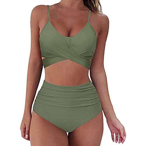 TOKYMOON Zweiteiliger Badeanzug Damen Bikini Set V-Ausschnitt Badeanzug mit Rüschen Volant Strandbikini Swimsuit High Waist Bikini Sexy Retro Bademode Elegant Badeanzug Damen Grün S von TOKYMOON