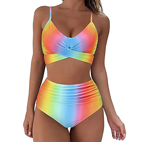 TOKYMOON Zweiteiliger Badeanzug Damen Bikini Set V-Ausschnitt Badeanzug mit Rüschen Volant Strandbikini Swimsuit High Waist Bikini Sexy Retro Bademode Elegant Badeanzug Damen Regenbogen L von TOKYMOON