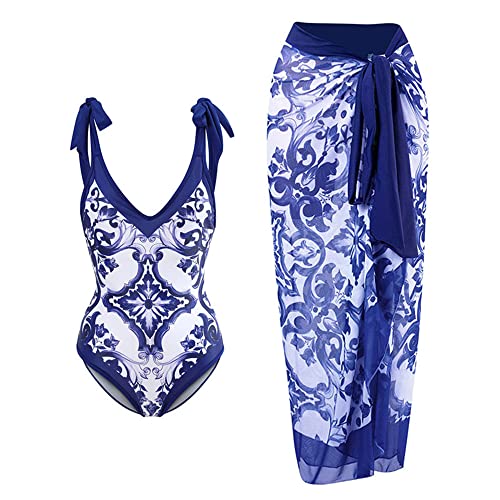 TOKYMOON Zweiteiliger Damen Badeanzug Sport v Ausschnitt Vintage Badeanzüge Damen Sexy high Waist Badeanzug Swimsuit Bademode Strandkleid Push up Retro Badeanzug Monokini Bauchweg Blau+Weiß M von TOKYMOON