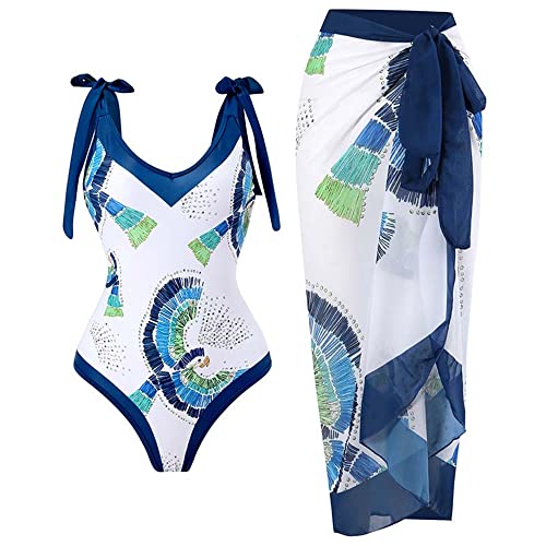 TOKYMOON Zweiteiliger Damen Badeanzug Sport v Ausschnitt Vintage Badeanzüge Damen Sexy high Waist Badeanzug Swimsuit Bademode Strandkleid Push up Retro Badeanzug Monokini Bauchweg Blau L von TOKYMOON