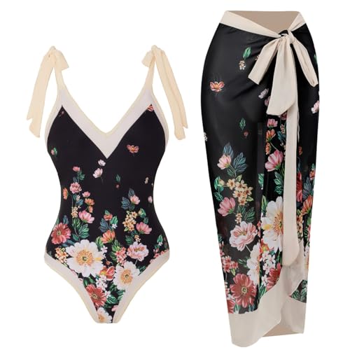 TOKYMOON Zweiteiliger Damen Badeanzug Sport v Ausschnitt Vintage Badeanzüge Damen Sexy high Waist Badeanzug Swimsuit Bademode Strandkleid Push up Retro Badeanzug Monokini Bauchweg Blumen Set XL von TOKYMOON