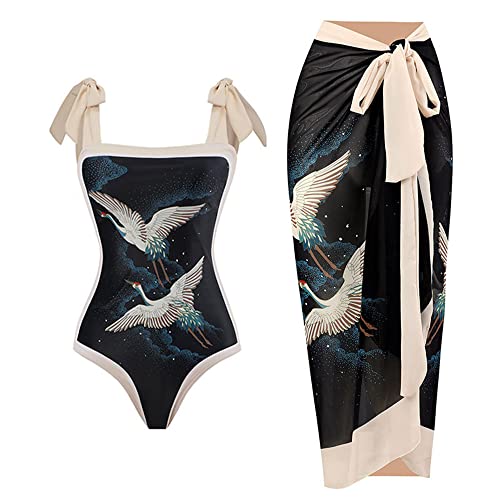 TOKYMOON Zweiteiliger Damen Badeanzug Sport v Ausschnitt Vintage Badeanzüge Damen Sexy high Waist Badeanzug Swimsuit Bademode Strandkleid Push up Retro Badeanzug Monokini Bauchweg Feenkranich M von TOKYMOON