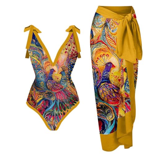 TOKYMOON Zweiteiliger Damen Badeanzug Sport v Ausschnitt Vintage Badeanzüge Damen Sexy high Waist Badeanzug Swimsuit Bademode Strandkleid Push up Retro Badeanzug Monokini Bauchweg Gelber Pfau M von TOKYMOON