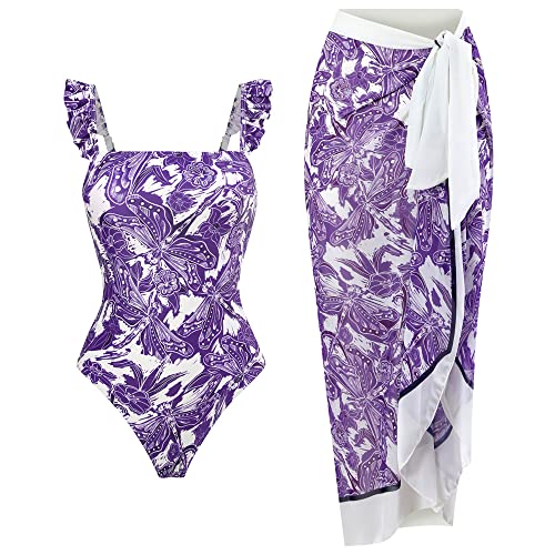 TOKYMOON Zweiteiliger Damen Badeanzug Sport v Ausschnitt Vintage Badeanzüge Damen Sexy high Waist Badeanzug Swimsuit Bademode Strandkleid Push up Retro Badeanzug Monokini Bauchweg Lila Libelle L von TOKYMOON