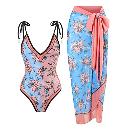 TOKYMOON Zweiteiliger Damen Badeanzug Sport v Ausschnitt Vintage Badeanzüge Damen Sexy high Waist Badeanzug Swimsuit Bademode Strandkleid Push up Retro Badeanzug Monokini Bauchweg Rosa + Blau L von TOKYMOON