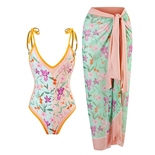 TOKYMOON Zweiteiliger Damen Badeanzug Sport v Ausschnitt Vintage Badeanzüge Damen Sexy high Waist Badeanzug Swimsuit Bademode Strandkleid Push up Retro Badeanzug Monokini Bauchweg Rosa + grün L von TOKYMOON