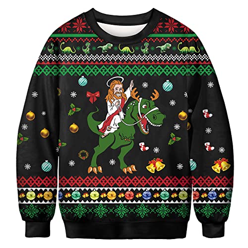 Unisex Ugly Christmas Sweater Weihnachtspullover Herren Lustige 3D Weihnachtskatze Langarm Sweatshirt Damen Xmas hässliches Weihnachten Pullover Rundhals Weihnachtspulli Dinosaurier XXL von TOKYMOON