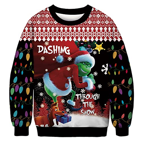 Unisex Ugly Christmas Sweater Weihnachtspullover Herren Lustige 3D Weihnachtskatze Langarm Sweatshirt Damen Xmas hässliches Weihnachten Pullover Rundhals Weihnachtspulli Elfen XL von TOKYMOON