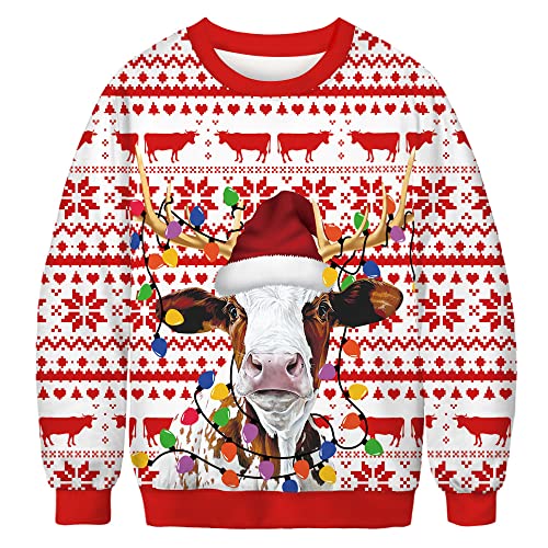 Unisex Ugly Christmas Sweater Weihnachtspullover Herren Lustige 3D Weihnachtskatze Langarm Sweatshirt Damen Xmas hässliches Weihnachten Pullover Rundhals Weihnachtspulli Kuh L von TOKYMOON