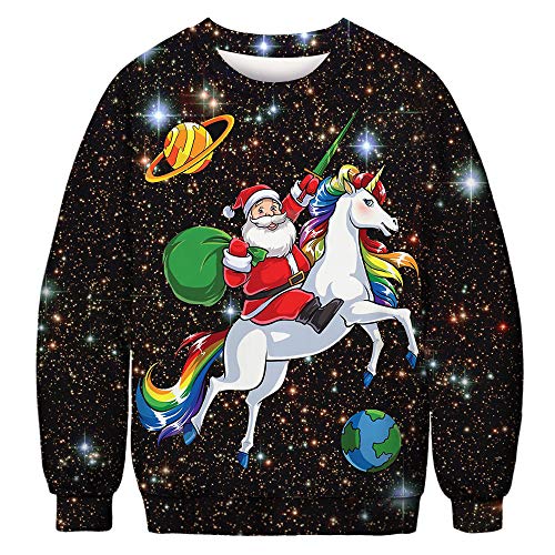 Weihnachtspullover Herren Lustige 3D Langarm Sweatshirt Damen Xmas hässliches Weihnachten Pullover Weihnachtspulli Ugly Christmas Sweater Weihnachtspulli Sweatshirt Einhorn XXL von TOKYMOON