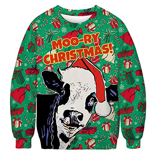 Weihnachtspullover Herren Lustige 3D Langarm Sweatshirt Damen Xmas hässliches Weihnachten Pullover Weihnachtspulli Ugly Christmas Sweater Weihnachtspulli Sweatshirt MOO-RY Christmas XL von TOKYMOON