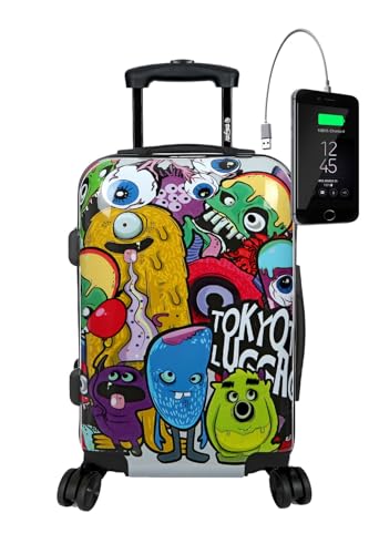 TOKYOTO Kinderkoffer Kinder-Trolley für Mädchen & Jungen 55x35x20 cm/Koffer Handgepäck Hartschalenkoffer, Reisekoffer klein, Reisetasche Kinder mit TSA-Schloss & USB-Anschluss Monsters von TOKYOTO