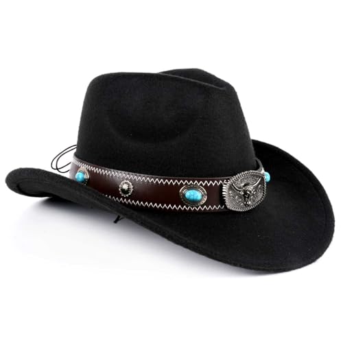TOLASTO Wollfilz Cowboyhut Westernhut mit breiter Krempe | Trilby Fedora Jazz Cap | Formbarer Outbackhut mit Schnallenband | Verstellbarer Derby Partyhut für Damen und Herren (Größe M - 56-58cm) von TOLASTO