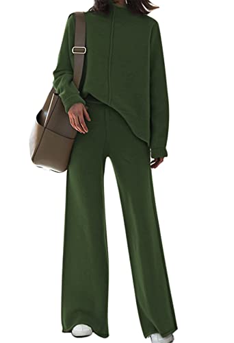 TOLENY Damen 2-teiliges Lounge-Sets Pullover Pullover und Hose mit weitem Bein Trainingsanzug Outfits, Dunkelgrün, Large von TOLENY
