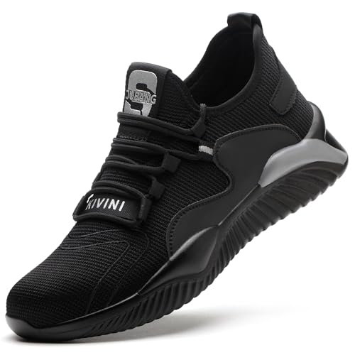 TOLHE Sicherheitsschuhe Herren Damen Sicherheitsschuhe Sportlich mit Stahlkappe Leicht rutschfest Fitness Turnschuhe Sicherheitsschuhe Sommer Herren Bequeme Security Schuhe Schwarz Grau 43EU von TOLHE