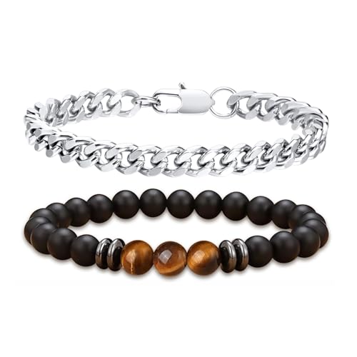 TOLOWOBK Armband Herren 2 Stück Tiger Eye und Schwarz Achat Perlenarmband und Edelstahl Kette Matching Armbänder Set für Herren Damen Schmuck Geschenke von TOLOWOBK