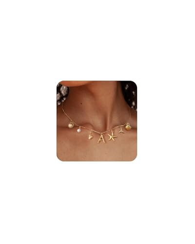 TOLOWOBK Gold Kette mit Buchstaben Muschel Perlen Seestern Charm Choker Kette Damen A-Z Buchstaben Ketten 18 Karat Vergoldet Halskette Damen Meer Jahrestag Geburtstag Geschenke für Frauen Mädchen von TOLOWOBK