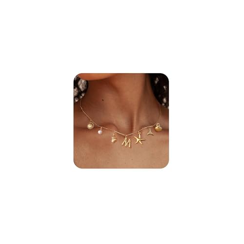 TOLOWOBK Gold Kette mit Buchstaben Muschel Perlen Seestern Charm Choker Kette Damen A-Z Buchstaben Ketten 18 Karat Vergoldet Halskette Damen Meer Jahrestag Geburtstag Geschenke für Frauen Mädchen von TOLOWOBK