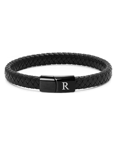 TOLOWOBK Lederarmband Herren Armband mit Buchstaben Gravur A-Z Buchstabe Armband Männer Schwarz Geflochten Leder Armbänder mit Magnetverschluss Weihnachtsgeschenke Geburtstag Geschenke für Männer von TOLOWOBK
