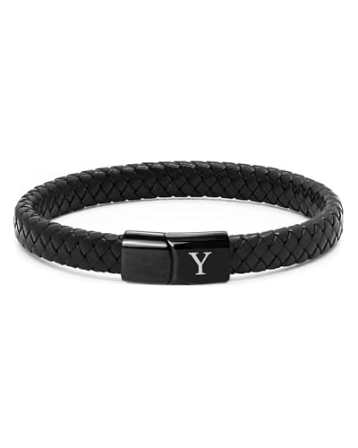 TOLOWOBK Lederarmband Herren Armband mit Buchstaben Gravur A-Z Buchstabe Armband Männer Schwarz Geflochten Leder Armbänder mit Magnetverschluss Weihnachtsgeschenke Geburtstag Geschenke für Männer von TOLOWOBK