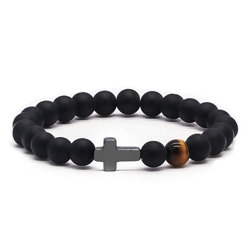 TOLOWOBK Kreuz Armband Geschenke für Männer Tigerauge Perlenarmband Herren Damen Perlen Armbänder für Herren Christliche Geschenke Muttertag Vatertag Geburtstag Geschenke für Mama Papa Opa Oma Ehemann von TOLOWOBK