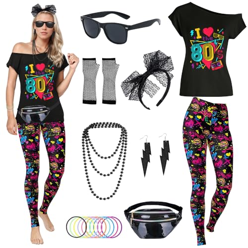 TOLOYE 80er Jahre Outfit Damen, Kostüm 80er Jahre Hippie Kostüm mit Hippie Oberteil Hosen 80er Jahre Accessoires, Kostüm Damen Fasching, 80er Kostüm für Karneval Neon Party Outfit (Schwarz, L) von TOLOYE