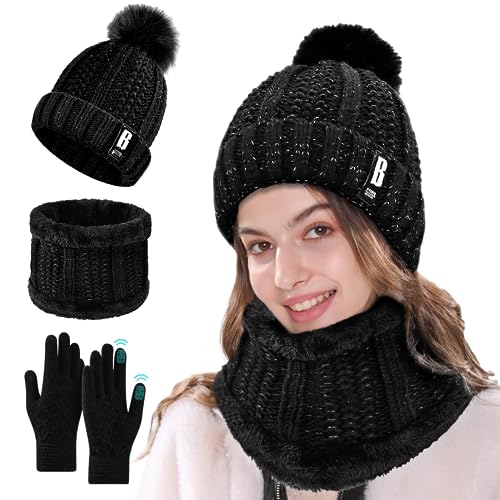 TOLOYE Winter Damen Mütze Schal Set, Gestrickte Pom Pom Dicke Beanie Mütze Fleece Gefütterte Warme Mütze Schal Set Geschenke für Frauen Täglich Ski Outdoor Sport Winter Geschenk von TOLOYE